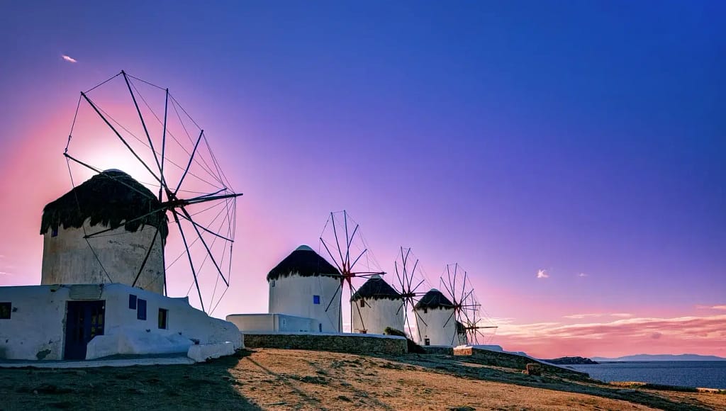 mykonos windmills in the night